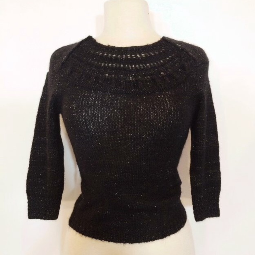 Black and silver metallic wool blend boatneck retro sweater